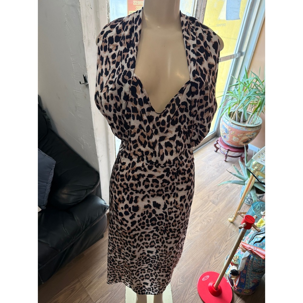 Leopard Print Halter Midi Dress Deep V-Neck Open Back Brown‎ Black Small